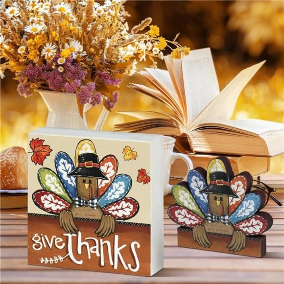 Thanksgiving Wooden Decor Indoor, Turkey Decor Give Thanks Box Sign - Picture 6 of 7